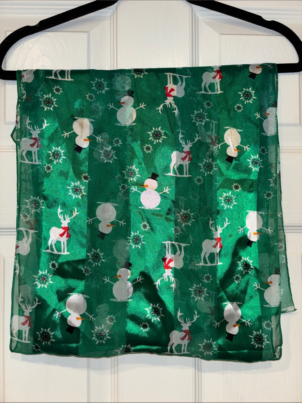 Festive Green Snowman & Reindeer Holiday Scarf